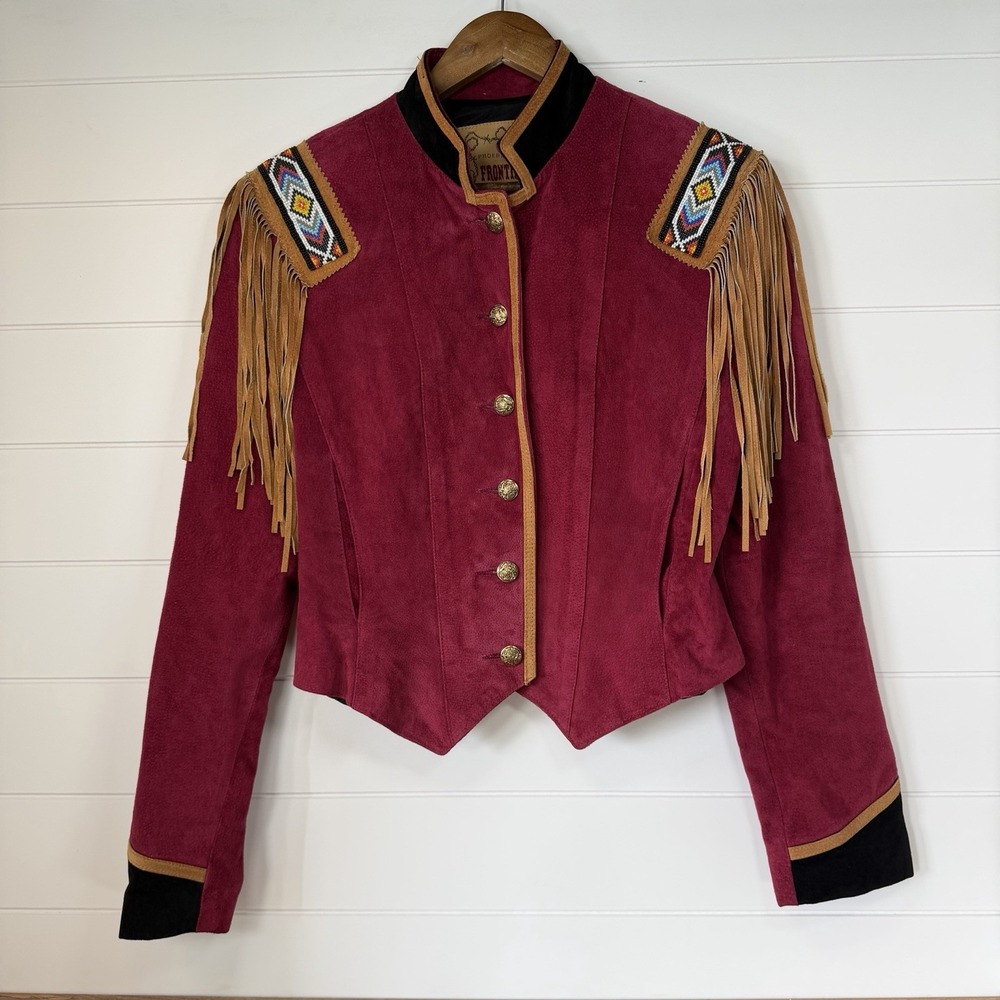 VTG Frontier Western Leather‎ Fringe Jacket Beaded Cowgirl Rodeo Motorcycle M/L